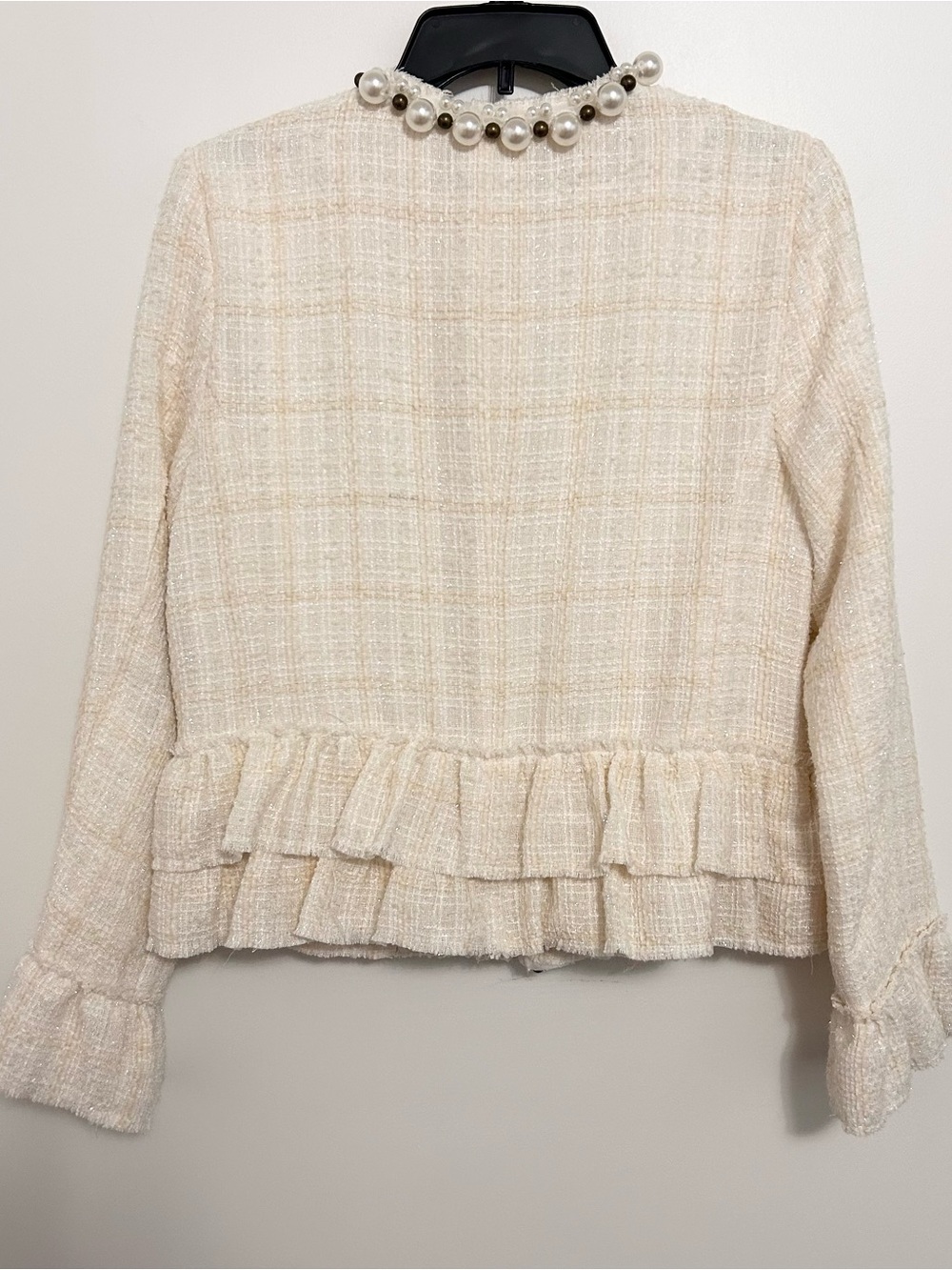 Boston Proper Pearl Trim Tweed Ruffle Detail Jacket Size 8 - Picture 7 of 8